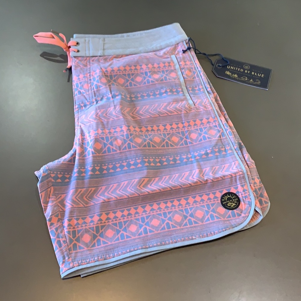 UNITED BY BLUE, MENS ORGANIC BOARD SHORT, SALMON SOUTHWEST STRIPE, NEW